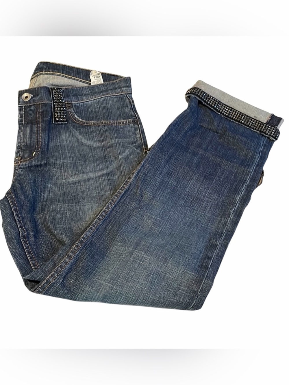 Express X2 size 31 dark blue jeans cropped with rhinestone cuff & belt
